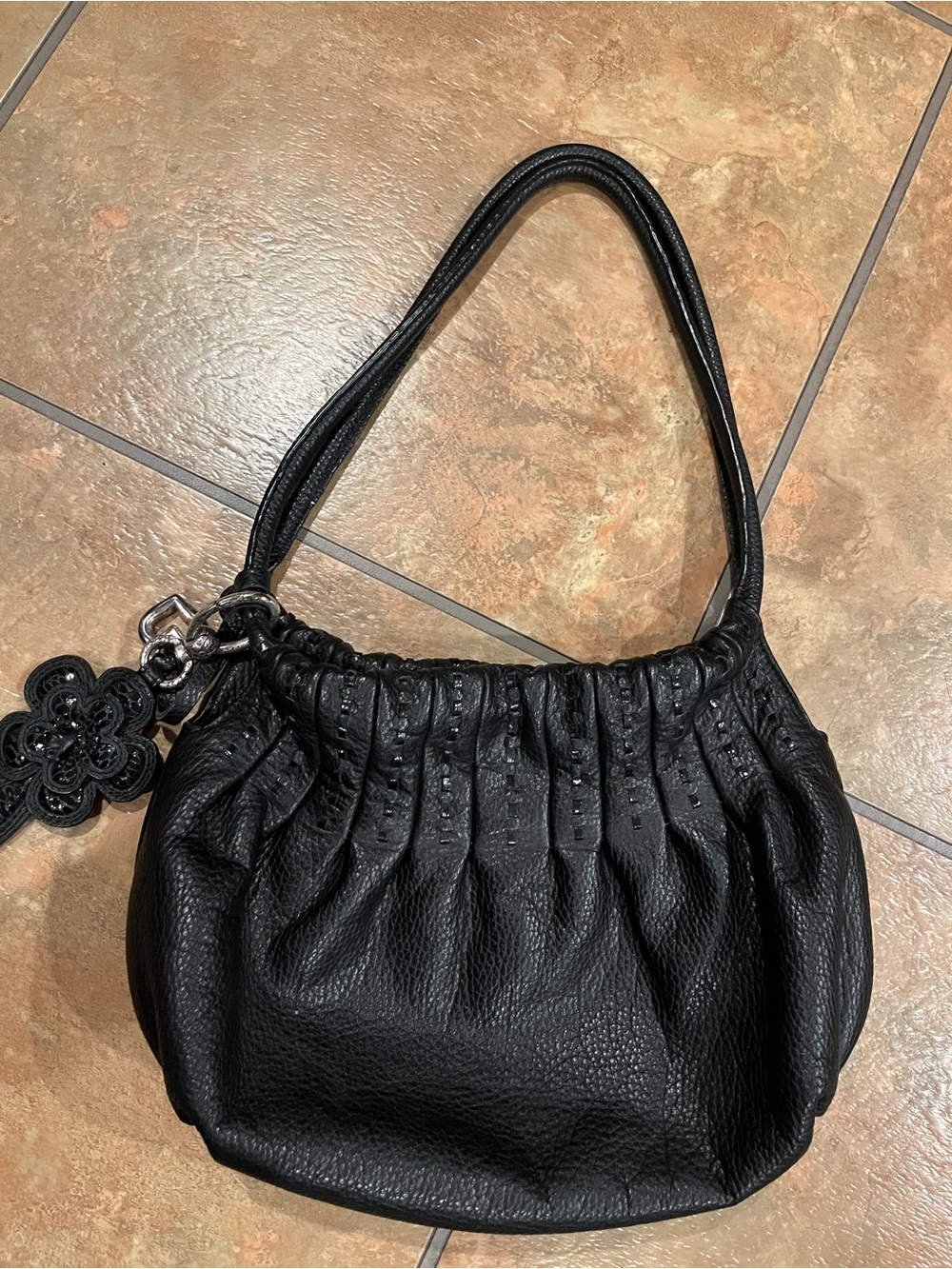 Brighton Black Gathered Leather Shoulder Bag with Floral Charm